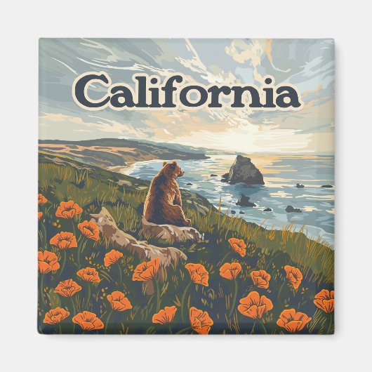 Californië Beer Poppies Flowers Coast Retro Magneet (Voorkant)