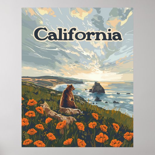 Californië Beer Poppies Flowers Coast Retro Poster (Voorkant)