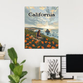 Californië Beer Poppies Flowers Coast Retro Poster (Thuiskantoor)