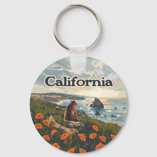Californië Beer Poppies Flowers Coast Retro Sleutelhanger (Voorkant)