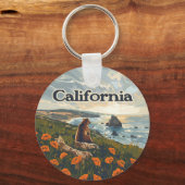 Californië Beer Poppies Flowers Coast Retro Sleutelhanger (Voorkant)