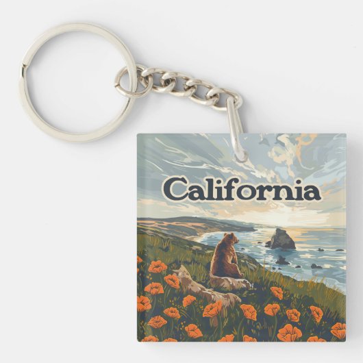 Californië Beer Poppies Flowers Coast Retro Sleutelhanger (Voorkant)