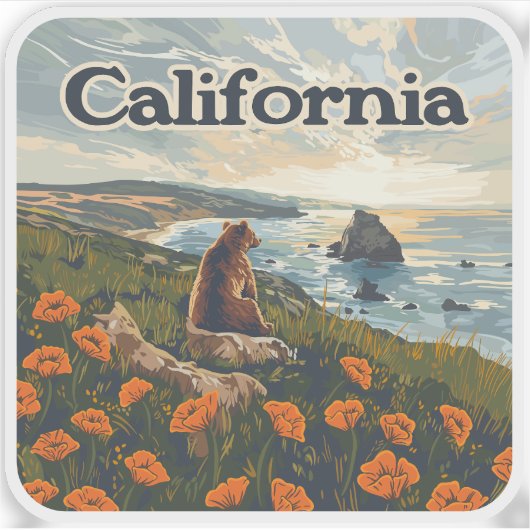 Californië Beer Poppies Flowers Coast Retro Sticker (Voorkant)