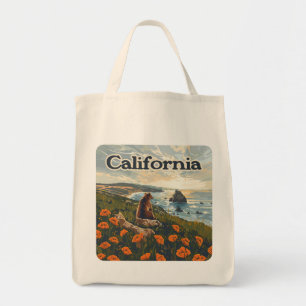 Californië Beer Poppies Flowers Coast Retro Tote Bag