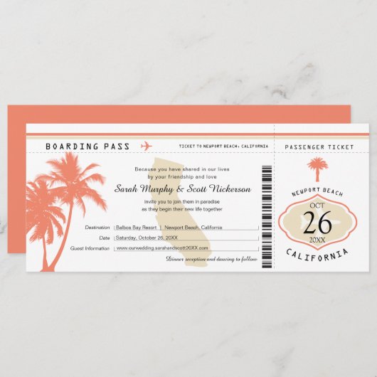 Californië Coral Palm Tree Boarding Pass Wedding Kaart (Voorkant / Achterkant)
