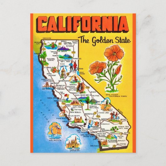 Californië Golden State Map Briefkaart (Voorkant)