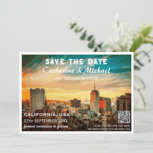 Californië Huwelijksreis Poster Stijl QR-code Save The Date (Staand voorkant)