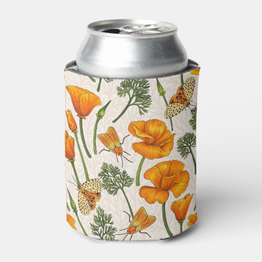 Californië klaprozen en motten op off white 2 blikjeskoeler (Blikje Voorkant)