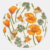 Californië klaprozen en motten op off white 2 ronde sticker (Voorkant)