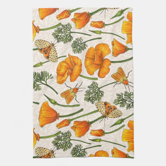 Californië klaprozen en motten op off white 2 theedoek (Verticaal)