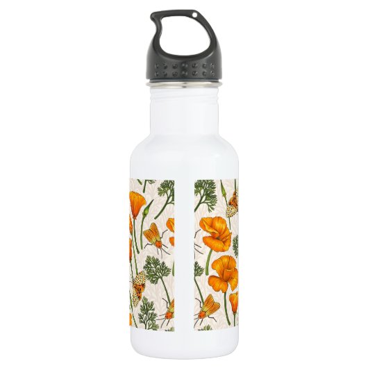 Californië klaprozen en motten op off white 2 waterfles (Achterkant)