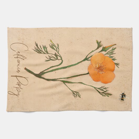 Californië Poppy Sinaasappel Botanische Wildbloem Theedoek (Horizontaal)