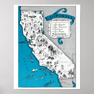  Californië State Map Afdrukken Kustdecor Poster