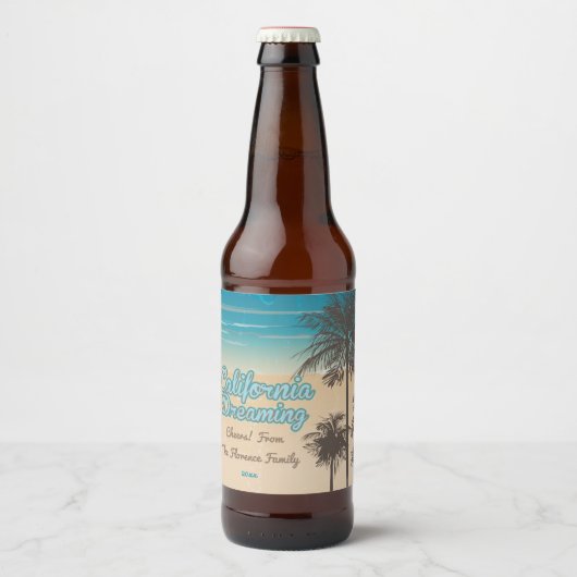 Californië, strand met palmbomen bier etiket (Voorkant)