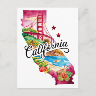 Californië USA Staat Vorm Oude Waterverf Briefkaart
