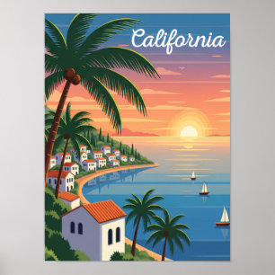 Californië Zonsondergang Vintage Reis Kust Strand Poster