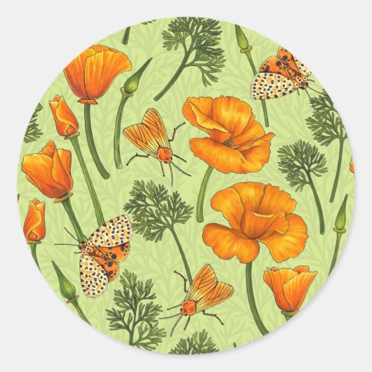 Californische klaprozen en motten op honingdauw ronde sticker (Voorkant)