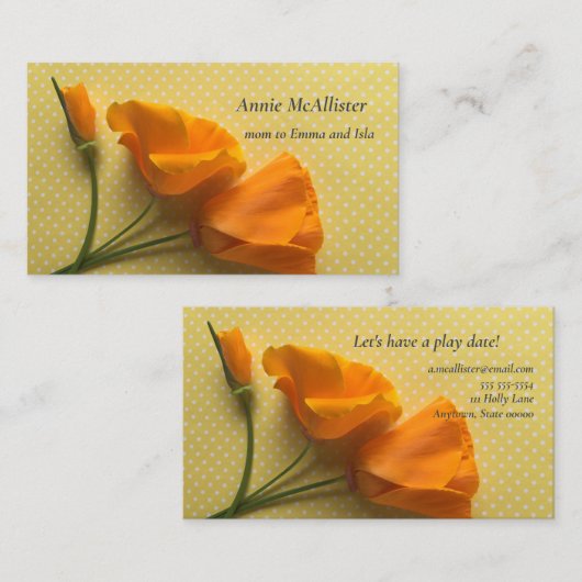 Californische papaver op gele en witte poka-stippe visitekaartje (Voorkant / Achterkant)