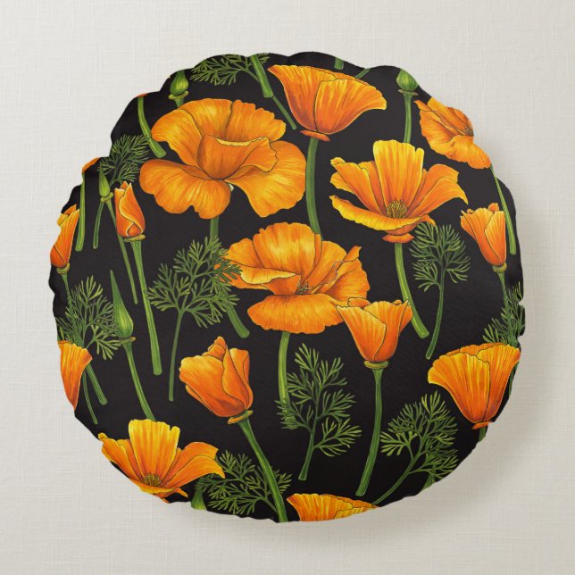 Californische papaver rond kussen (Voorkant)