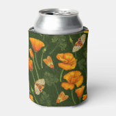 Californische papavers en motten op donkergroen blikjeskoeler (Blikje Voorkant)