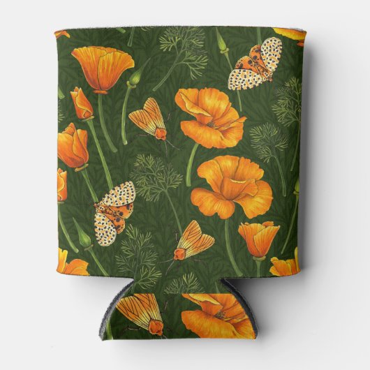 Californische papavers en motten op donkergroen blikjeskoeler (Voorkant)