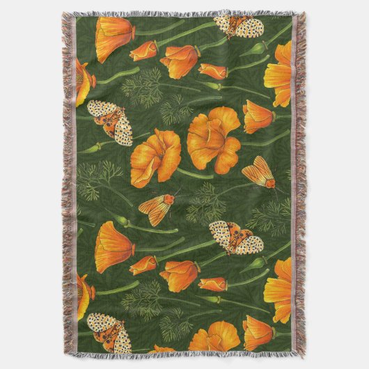 Californische papavers en motten op donkergroen deken (Voorkant Verticaal)