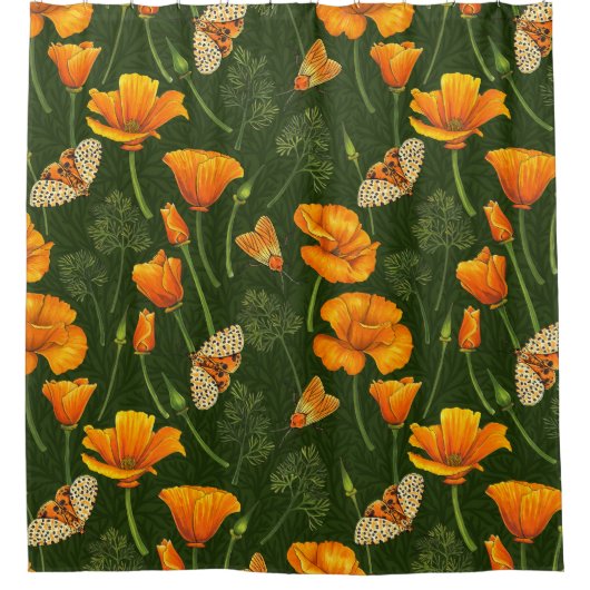 Californische papavers en motten op donkergroen douchegordijn (Voorkant)