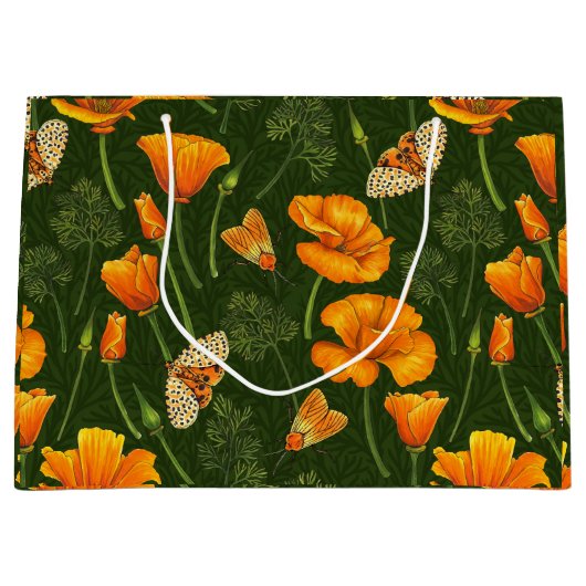 Californische papavers en motten op donkergroen groot cadeauzakje (Voorkant)