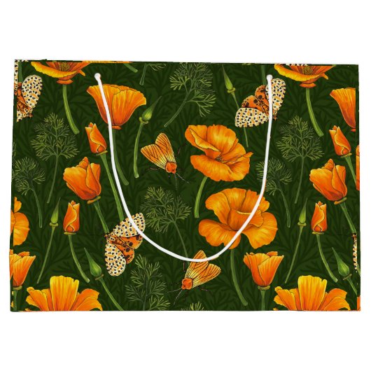 Californische papavers en motten op donkergroen groot cadeauzakje (Achterkant)