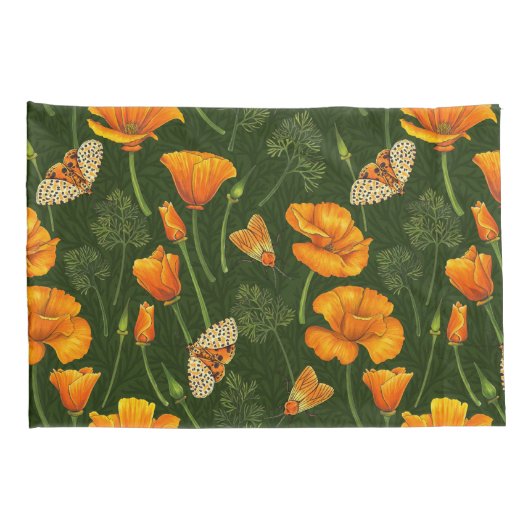 Californische papavers en motten op donkergroen kussensloop (Achterkant-Rechts)