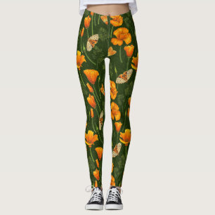 Californische papavers en motten op donkergroen leggings