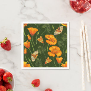 Californische papavers en motten op donkergroen servet