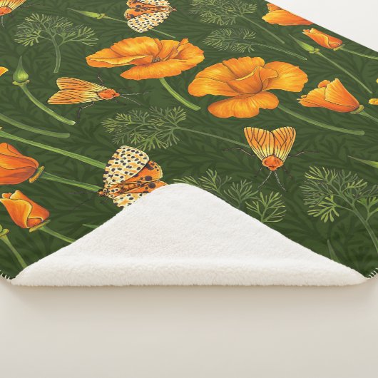 Californische papavers en motten op donkergroen sherpa deken (3/4)