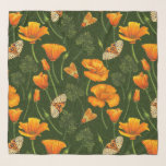 Californische papavers en motten op donkergroen sjaal<br><div class="desc">Handbeschilderde Californische klaprozen en motten- Tuintijger en bella mot</div>