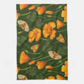 Californische papavers en motten op donkergroen theedoek (Verticaal)