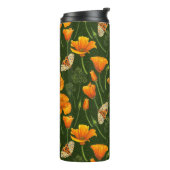 Californische papavers en motten op donkergroen thermosbeker (Gedraaid links)