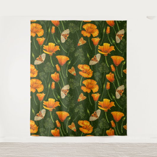 Californische papavers en motten op donkergroen wandkleed (Voorkant)