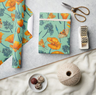 Californische papavers en motten op jade cadeaupapier