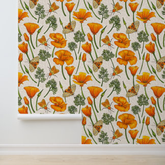 Californische papavers en motten op lichtgrijs 2 behang