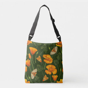 Californische papavers en motten op off white crossbody tas