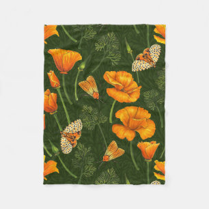 Californische papavers en motten op off white fleece deken