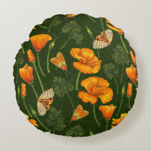 Californische papavers en motten op off white rond kussen