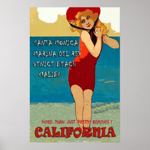 Californische stranden, vrouw in rode zwemkleding poster