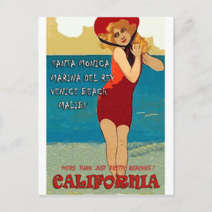 Californische stranden, vrouw in rode zwempak briefkaart