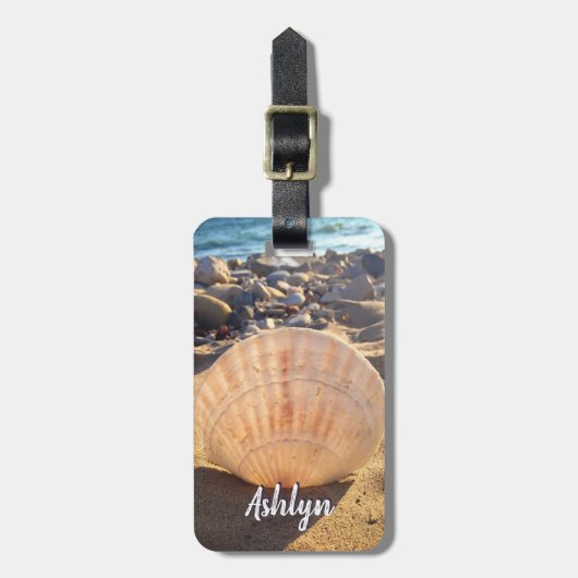 Californische zandstrandseashell-fotonaam bagagelabel (Voorkant verticaal)
