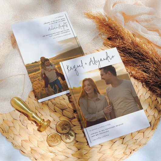 Caligrafía Boho Invitación de Boda con 2 Fotos Kaart