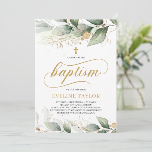Caligraphy greenery eucalyptus gold baptisme kaart (Staand voorkant)