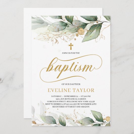 Caligraphy greenery eucalyptus gold baptisme kaart (Voorkant / Achterkant)