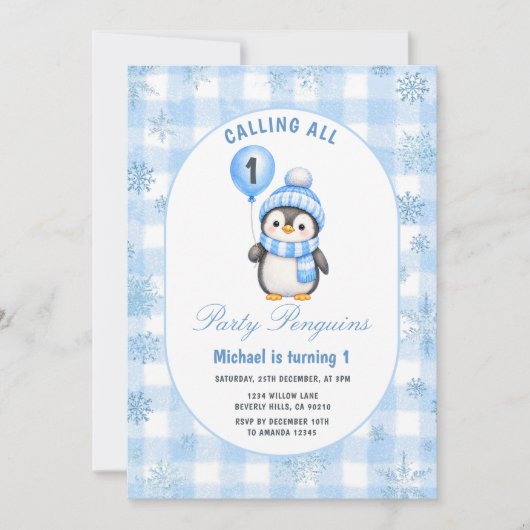 Call All Party Penguin Verjaardag Winter Gingham Kaart (Voorkant)