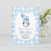 Call All Party Penguin Verjaardag Winter Gingham Kaart (Staand voorkant)